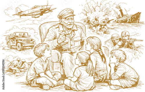 Veteran Telling War Stories To Children - Art