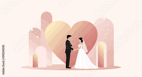 Wedding Couple Holding Hands in Front of Large Gradient Heart, Abstract Arches Background