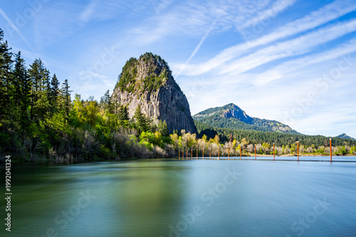 Famous Beacon Rock at Columbia River shores in Washington, USA