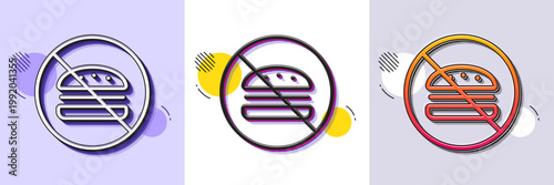 No burger line icon. Halftone dotted pattern. Gradient icon with grain shadow. Fast food sign. Cheeseburger symbol. Line no burger icon. Various designs. Vector