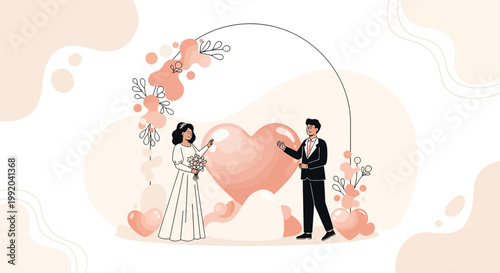 Wedding Couple Under Arch with Heart Decoration, Romantic Celebration