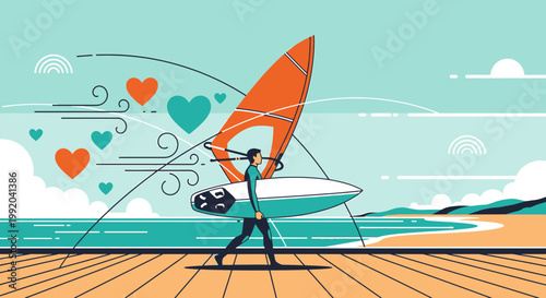 Windsurfer with Hearts and Rainbows on Beach Boardwalk