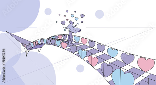 Whimsical Heart Bridge Path Leading to Hopeful Sky with Floating Hearts