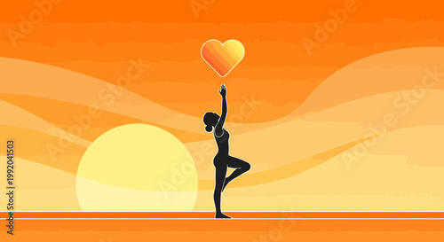 Silhouette Woman Yoga Pose Holding Heart Above Head at Sunset