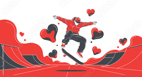 Skateboarder Jumps with Hearts and Abstract Shapes, Dynamic Action Sport