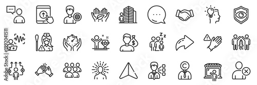 Agent, Third party and Support line icons pack. Share, Message, Paper plane icons. Swipe up, Delete user, Sleep web icon. Nurse, Partnership, Use gloves pictogram. Idea, Handshake, Voice wave. Vector