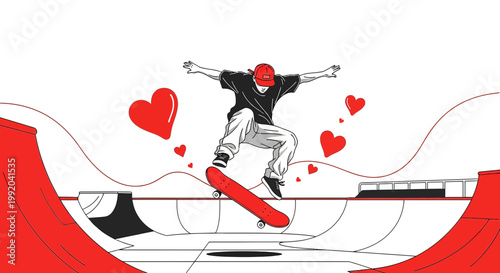 Skateboarder Jumps with Hearts, Extreme Sports Love, Red and White Graphic Art