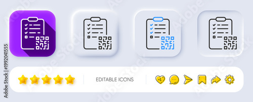 Qr code line icon. Neumorphic, Flat shadow, 3d buttons. Scan barcode sign. Checklist document symbol. Line qr code icon. Social media icons. Vector