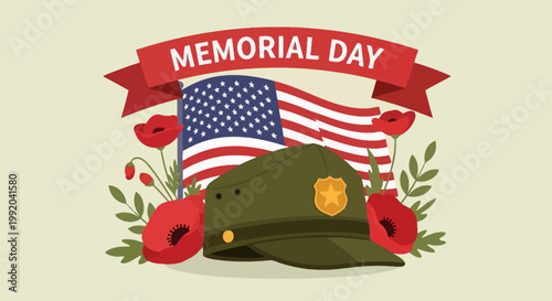 Memorial Day USA Flag Poppies Military Cap Remembrance Soldier Patriotism