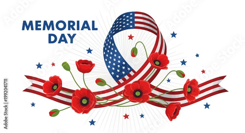 Memorial Day USA flag ribbon poppies stars, patriotic remembrance and honor