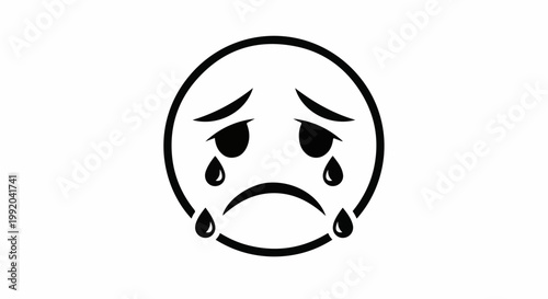 Simple black and white outline of a sad face with tears