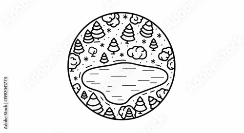 Round winter scene with snow, trees, and a pond