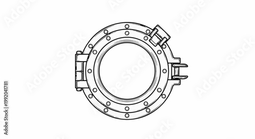 Round hatch with hinges and latch mechanism, graphic illustration