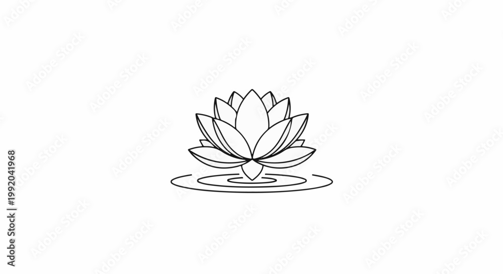 Fototapeta premium Simple black outline of a serene lotus flower floating on ripples