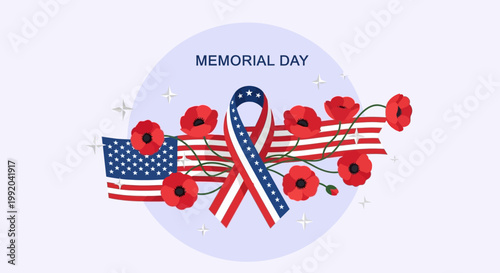 Memorial Day USA flag, poppies and ribbon. Honoring fallen soldiers, remembrance concept.
