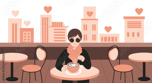 Stylish person enjoying coffee with latte art in a cafe with city skyline and hearts