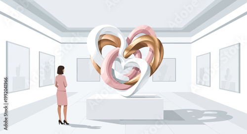 Woman admires large abstract heart sculpture in modern art gallery