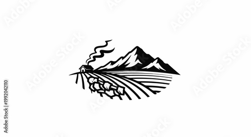 Rural landscape with house, fields and mountains