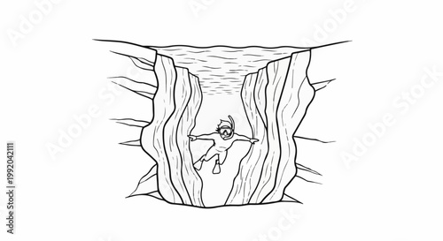 Person snorkeling in a narrow, vertical body of water between rock formations