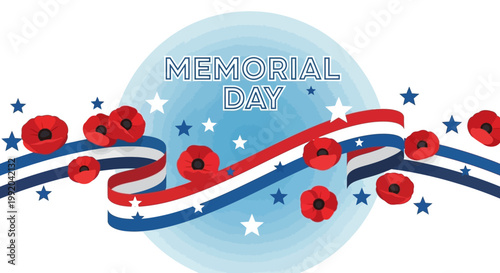 Memorial Day Waving Ribbon with Poppies and Stars