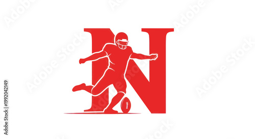 American Football Kicker Silhouette Icon Kicking Ball in Front of Red Letter N