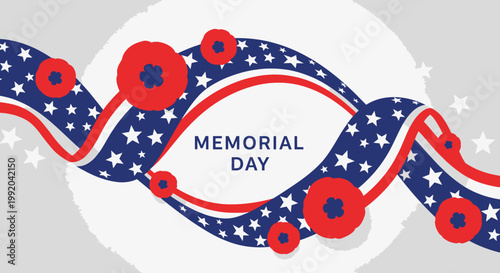 Memorial Day Wavy Ribbon with Stars and Poppies - Patriotic Holiday Graphic