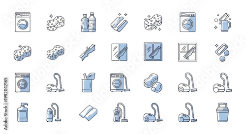 Cleaning Icons Set: Washing Machine, Vacuum, Sponge, Bottles, Sprayer, Mop, Trash Can