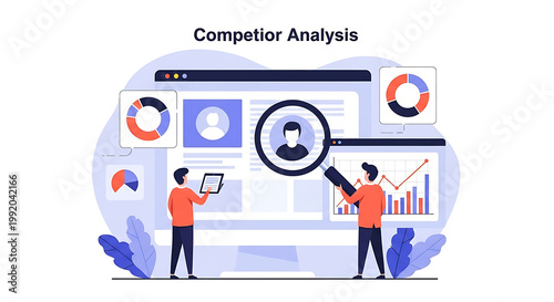 Two businessmen analyze data on a large screen displaying graphs and charts