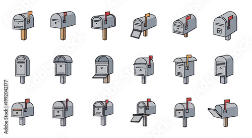 Collection of Vintage and Modern Mailboxes, Postal Service Icons, Communication Symbols
