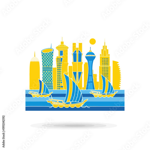 Doha Skyline with Traditional Dhow Boats, Qatar