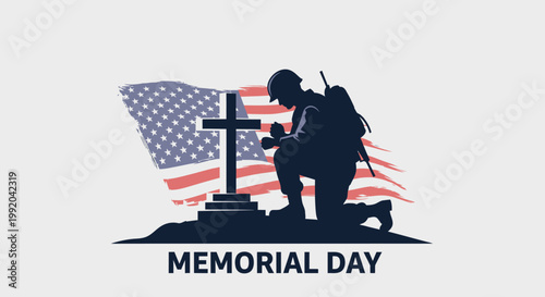 Soldier Praying at Cross with American Flag - Memorial Day Tribute