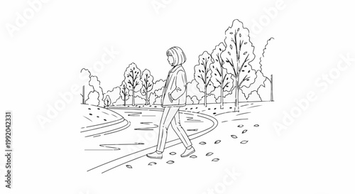 Person walking in park with fallen leaves and pond