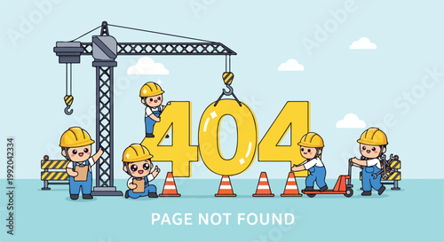 Construction workers building a large 404 error page with cartoon style and safety helmets on a blue sky background