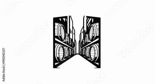 Rows of wooden barrels are stacked on shelves in a cellar