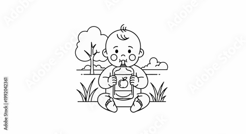 Outline of a baby sitting in grass, holding a bottle with an apple, with a tree and clouds