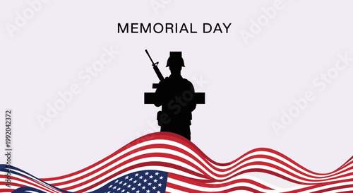 Memorial Day Soldier Silhouette with US Flag and Cross