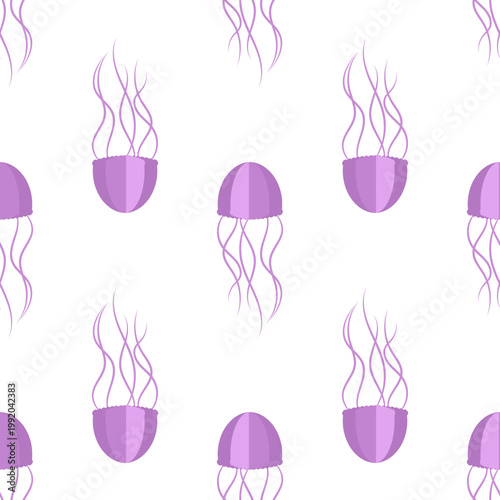 A playful pattern of purple jellyfish floating gracefully on an ocean day, isolated on a transparent background