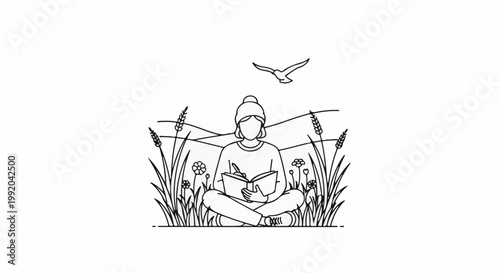 Person with book sits cross-legged in field, writing, bird flies above