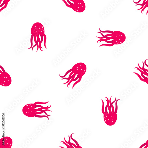 Cute pink octopuses swim on an ocean day, isolated on transparent background