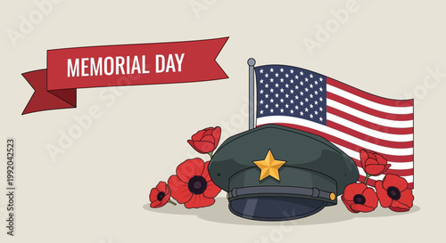Memorial Day tribute: US flag, military cap, and poppies symbolizing remembrance and sacrifice.
