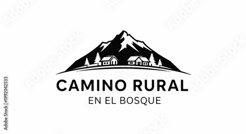 Rustic mountain scene with houses and trees, under text