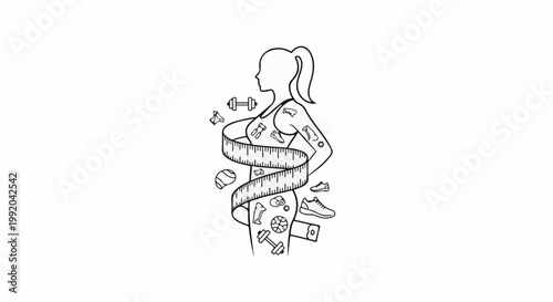 Outline of a figure with measuring tape and fitness icons