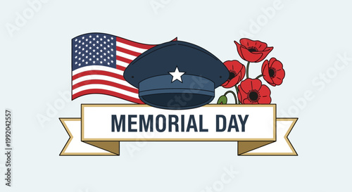 Memorial Day tribute with American flag, uniform cap, and red poppies on ribbon banner