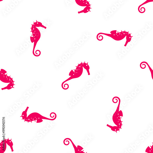 Seamless pattern of bright pink seahorses for ocean day celebrations, isolated on a transparent background