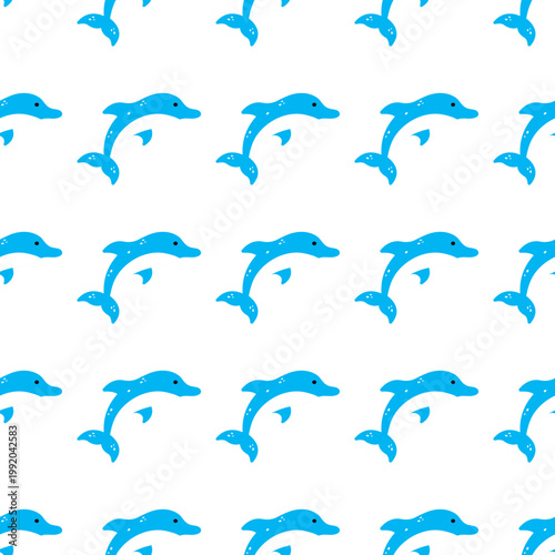 Blue dolphins swimming in a repeating pattern on a transparent background for ocean day themes