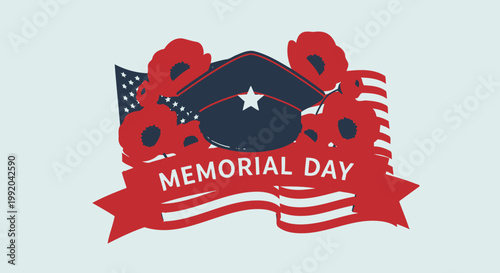 Memorial Day tribute with American flag, poppies, and military cap