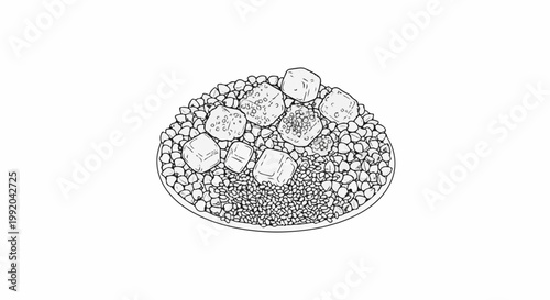 Pile of assorted cubed sweets and grains in a circular dish, line art