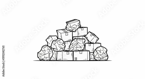 Pile of illustrated cardboard boxes and rocks