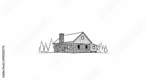 Rustic stone house with chimney and trees