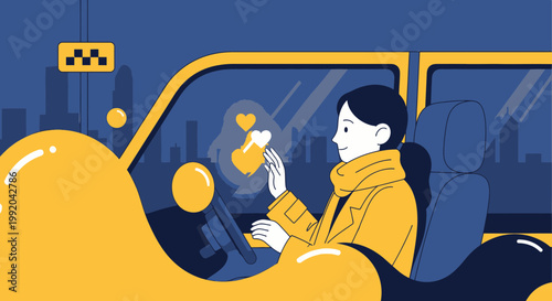Taxi Driver with Hearts, City Night, Abstract Shapes